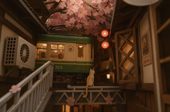 Detailreiche Book-Nook-Miniaturszene mit beleuchtetem Zug, Kirschblüten, Holzarchitektur und einer Katze auf einer Brücke als Beispiel für modernes Miniaturhandwerk